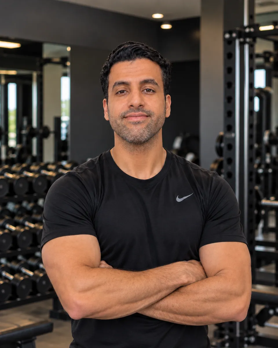 Le coach PRIME Coaching, bras croisés, dans sa salle de musculation